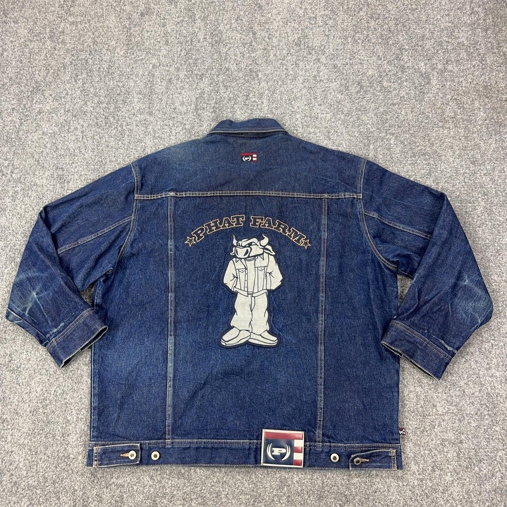 Vintage Phat Farm Denim Bomber Jacket Mens 2XL Blue Bull Graphic Hip Hop 90s